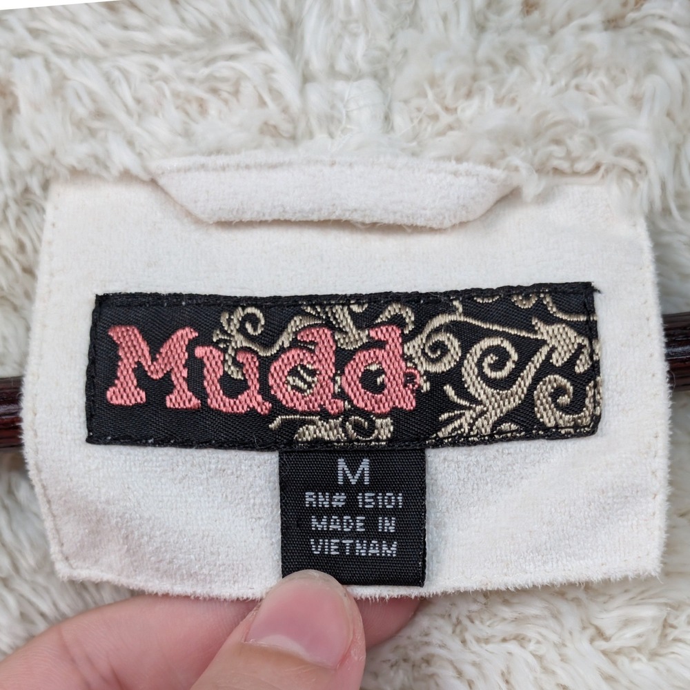 VTG Mudd Jacket Womens M Cream Faux Suede Fur Trim Hooded McBling Snow Bunny Y2K - Picture 3 of 14